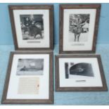 Four various framed monochrome photographs, together with associated newspaper clippings.