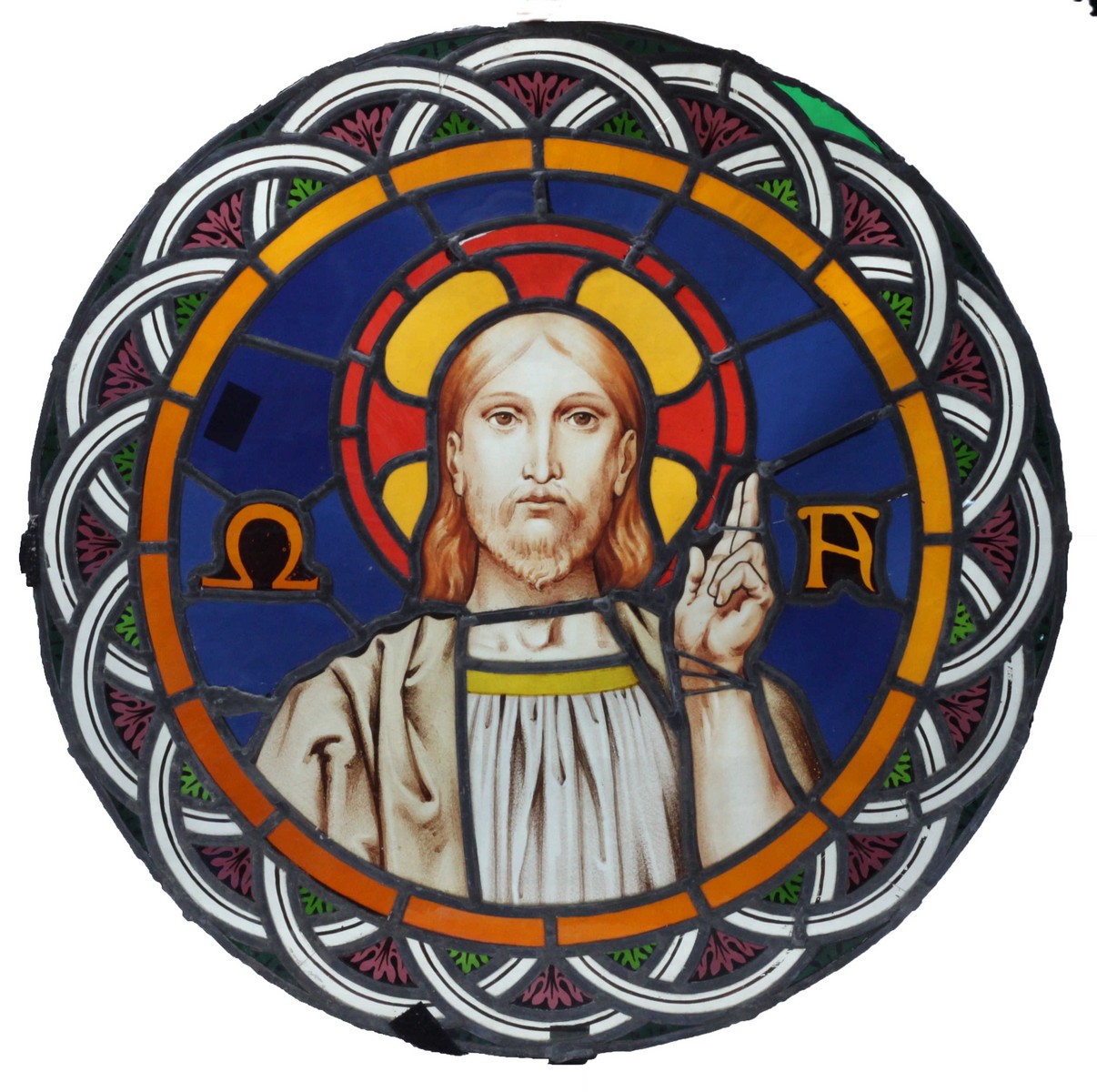 A 19th century stained and lead glazed circular panel, depicting Christ, flanked by Alpha and - Bild 2 aus 2