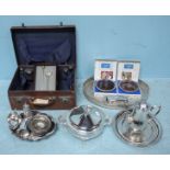 A quantity of assorted silver-plated items including a pierced-galleried oval tray, a coffee pot and