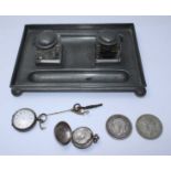 A silver sovereign case and a silver pocket watch, together with two crowns and a pewter Arts and