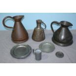 A quantity of assorted metalware items including copper haystack jugs, a variety of bells and pewter