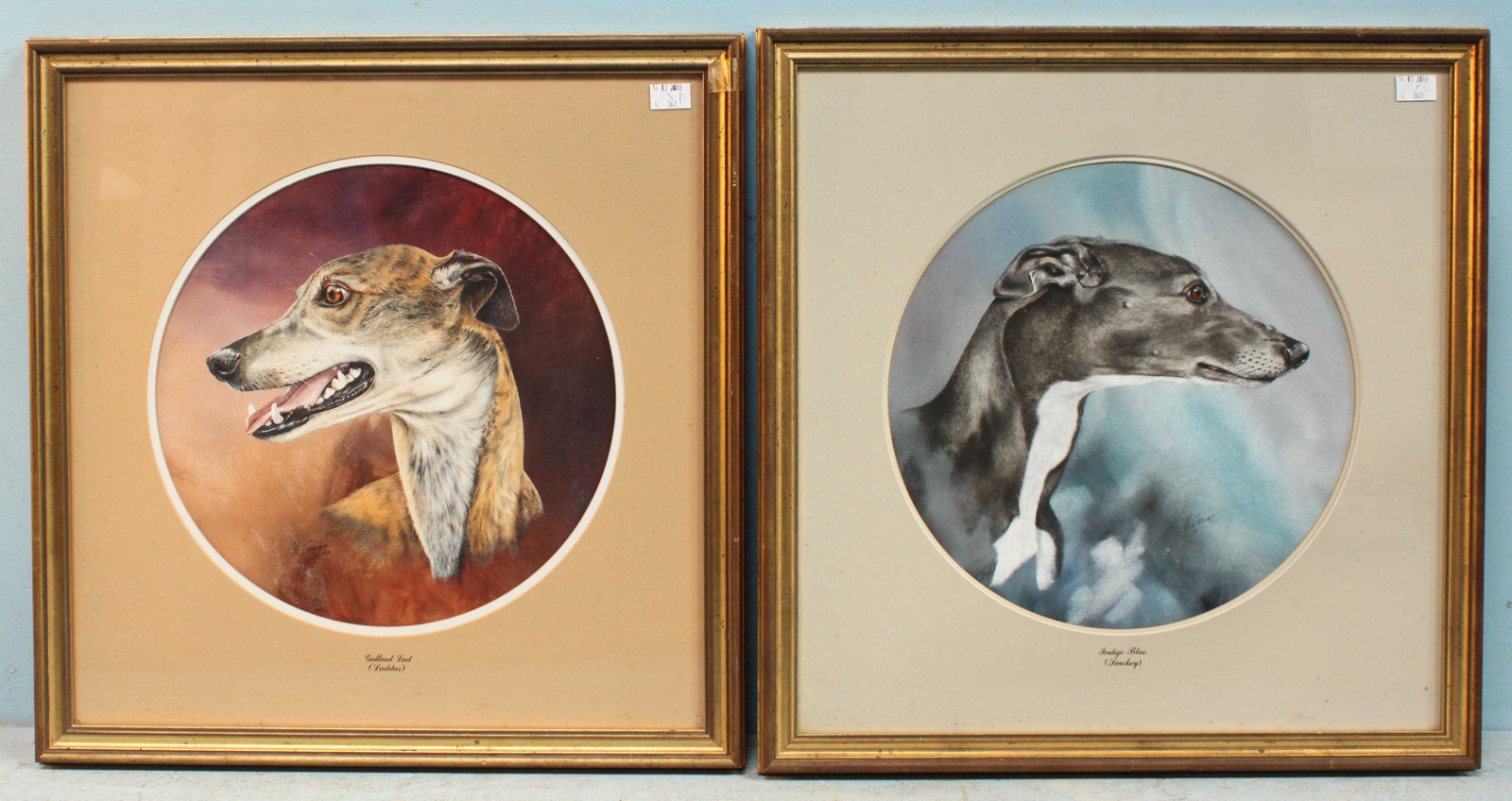 Vic Granger (British, 20th century) Two circular portrait studies of greyhounds, one titled '