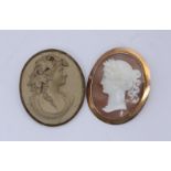 A 9ct gold-mounted shell-carved female cameo brooch, an oval lava-carved cameo depicting a