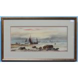 W H Earl? (Early 20th Century) Shoreline scene with figures in the foreground and boats at sea.
