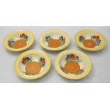 A set of five Clarice Cliff 'Autumn Crocus' pattern dishes. 16.5cm diameter.