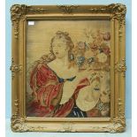 A 19th century tapestry depicting a classical maiden with flowers. Glazed and framed. 56 x 47cm.