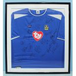 A signed and framed Portsmouth FC home shirt, 2003-2004 season with 'ty' sponsor and 18 signatures