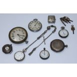 Three various ladies silver open-face pocket watches (one with white-metal watch chain), a ladies