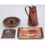 A WAS Benson insulated copper jug of tapering cylindrical form, with hinged cover and brass strap