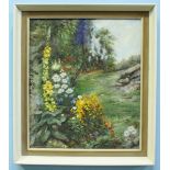 P Rochel (20th Century German) 'Garden' Still life study of a garden with flowers. Signed, oil on