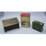 A Jacobs & Co novelty biscuit tin modelled as a linen-fold coffer with embossed brass top,