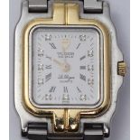 A ladies Tudor 'Le Royer' quartz wristwatch. The rectangular white dial with Roman numerals and