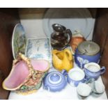 SECTION 23. A 19th century Majolica pottery rustic basket together with a Jasper-dip tea set and