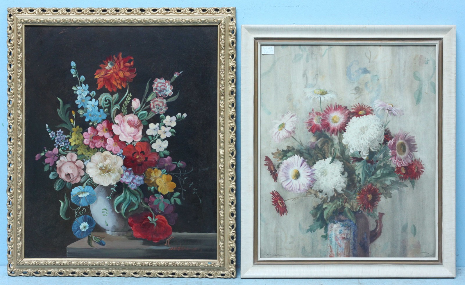 Two still life studies of flowers, one a watercolour study, the other an oil on board. Both