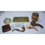 Various Tobacconalia including a pewter-mounted yellow Moorcroft pottery cigar ash tray, leather