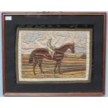 A framed printed and quilted picture of the 1839 Derby winner 'Bloomsbury' and jockey Simeon