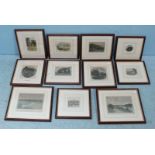 Eleven 19th century small aquatints of historical sites and landscapes, mounted, glazed and