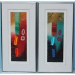 A pair of contemporary abstract mixed media studies, one in reds, greens and oranges, the other in