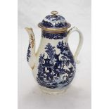 An 18th Century Caughley Porcelain baluster coffee pot and dome cover, printed in underglaze