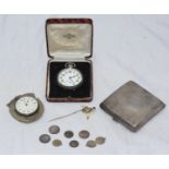 Two assorted silver pocket watches and a stick pin with a tooth, together with a silver cigarette