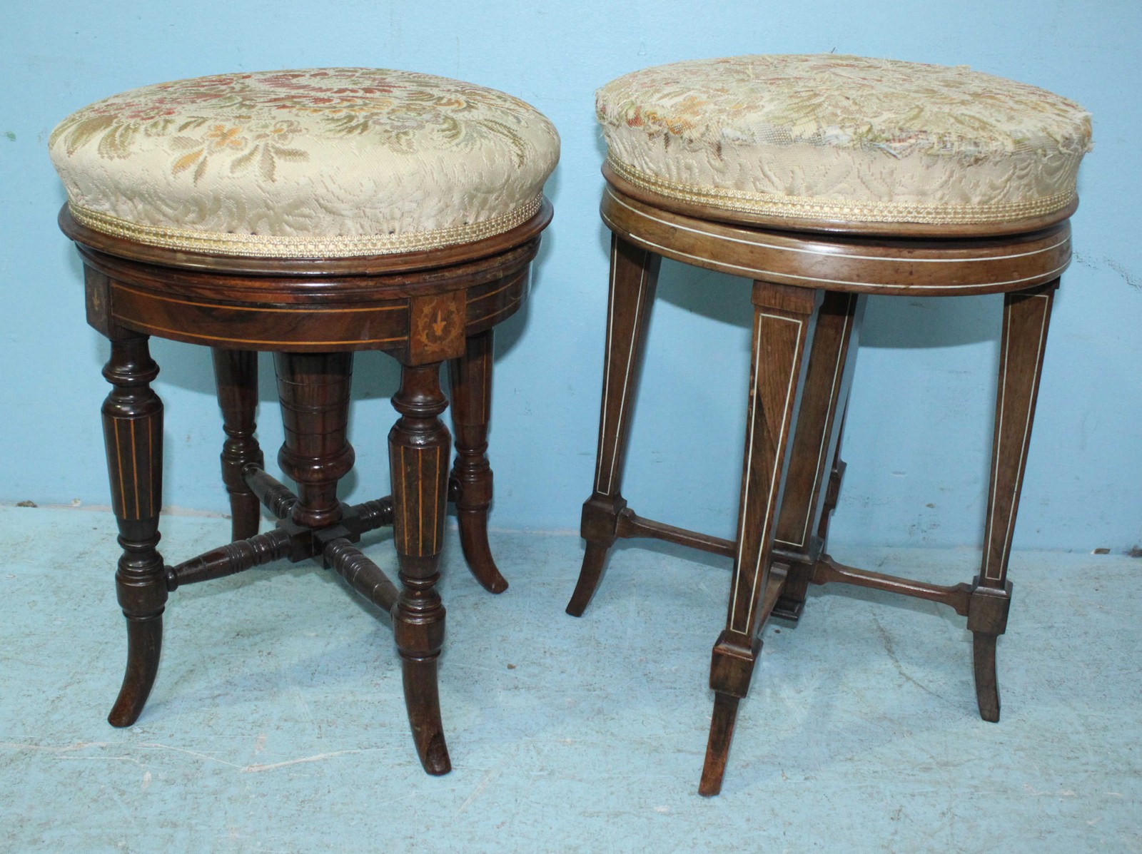 Two various inlaid mahogany revolving piano stools, each with cream, floral upholstered seats. - Image 2 of 2