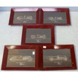 A set of five blueprint style pictures depicting early 20th century sports cars including a 1928