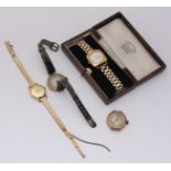 Two gold cased ladies watch faces, together with two gold plated ladies watches