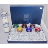 A boxed set of six 'Royal Scot Crystal' coloured wine glasses, together with a 20th century blue and