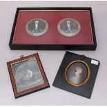 Two framed ceramic pot-lids printed with a three-quarter-length portrait of a grey-haired Duke of