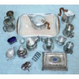 A quantity of assorted silver-plate and pewter wares including tankards and a Picquot Ware tea set