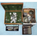 A silver plated fish serving set, silver plated water jug, silver plated mufineer, set of steak