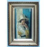 A 1930s half-length portrait of a lady in blue and white striped dress with yellow scarf and straw