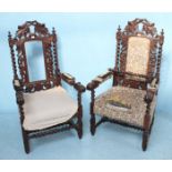 A pair of Victorian carved and stained oak carver chairs in the Jacobean 'style' with barley-twist