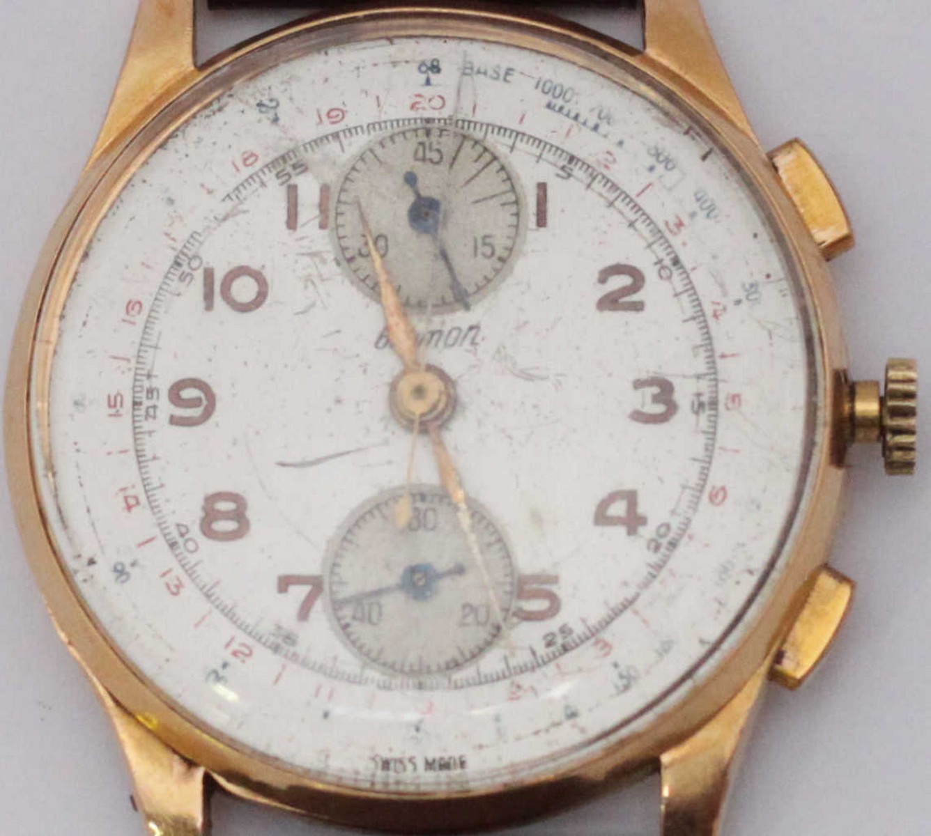 A 1950's gold Bremon chronograph wrist watch, the silvered dial with Arabic numerals denoting - Image 3 of 3