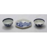 Two 18th century Chinese blue and white porcelain tea bowls and a dish, together with a print of The