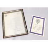 A typed letter on 10 Downing Street headed paper facsimile signed by Winston Churchill thanking