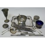 A quantity of silver plated and metalware, including a goblet, various bowls, inkwell, flatware,