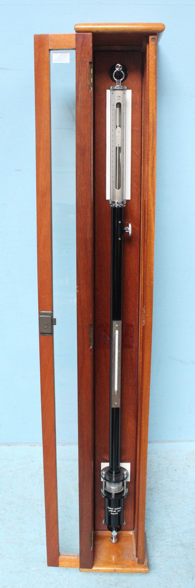 A Fortin scientific stick barometer, black enamelled body, in original glazed stained wood hanging - Image 3 of 3