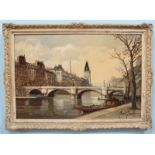 Parisian river landscape scene depicting the Seine, with boats and figures, indistinctly signed, oil