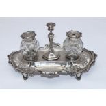 A Victorian silver ink standish in the Rococo revival style, comprising shaped and pierced stand,