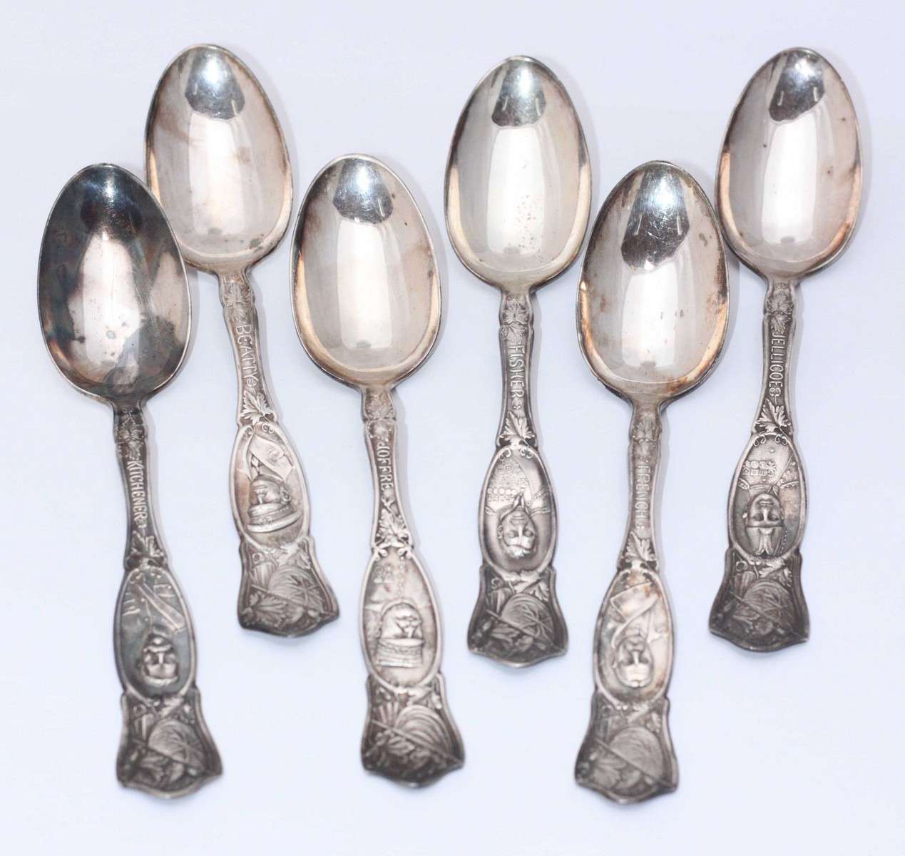 and set of '1881-Rogers' silver-plated tea spoons with handles cast as WW1 military leaders Joffree,