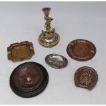 A copper horseshoe dish pressed from copper rivets from the HMS Foudroyant, together with various