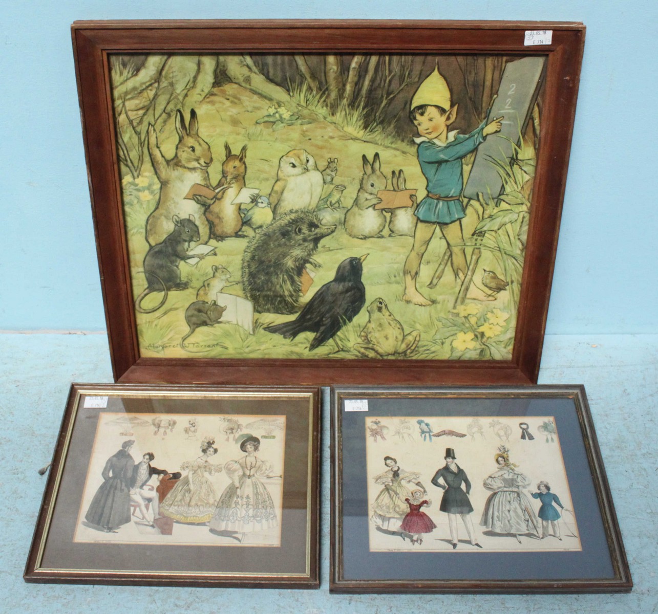 After Margaret W. Tarrant, Pixie giving maths lesson to forest animals, colour print in pitch pine