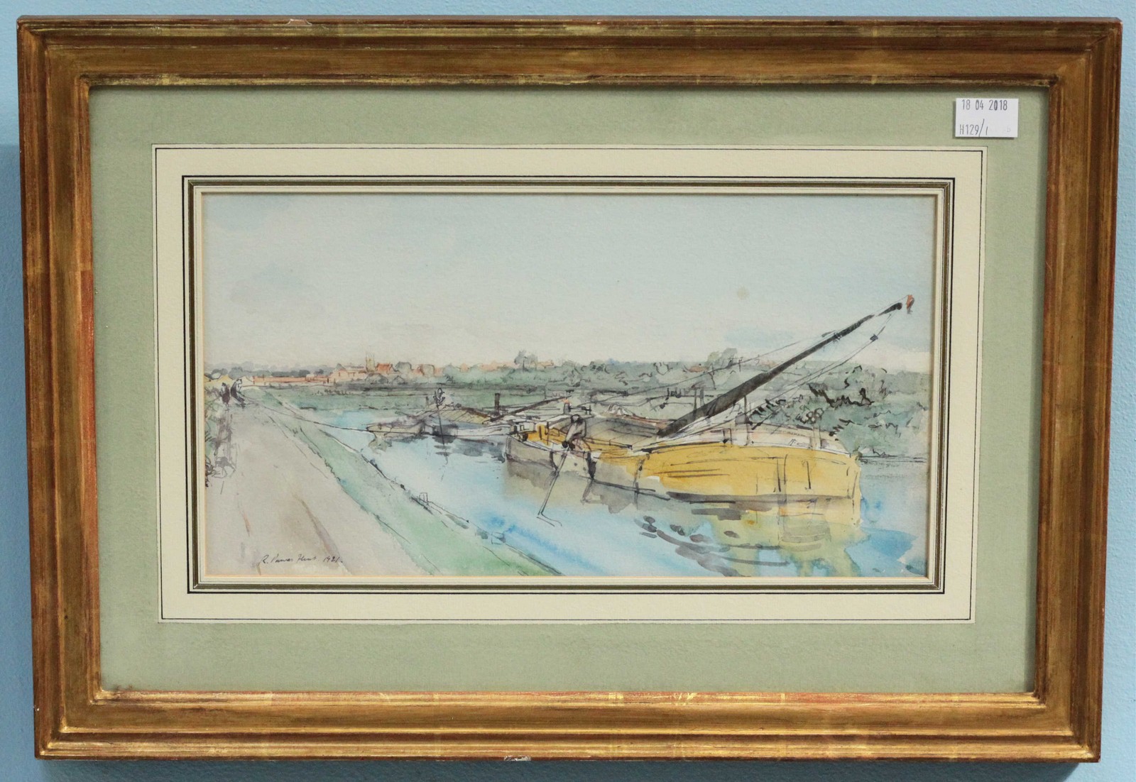 Robert Purves Flint RSW, ARWS, (1883-1947), 'Barges on The Beck,' signed and dated '1921'