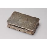 A 19th century silver snuff box of rectangular form with hinged cover, engine turned and engraved