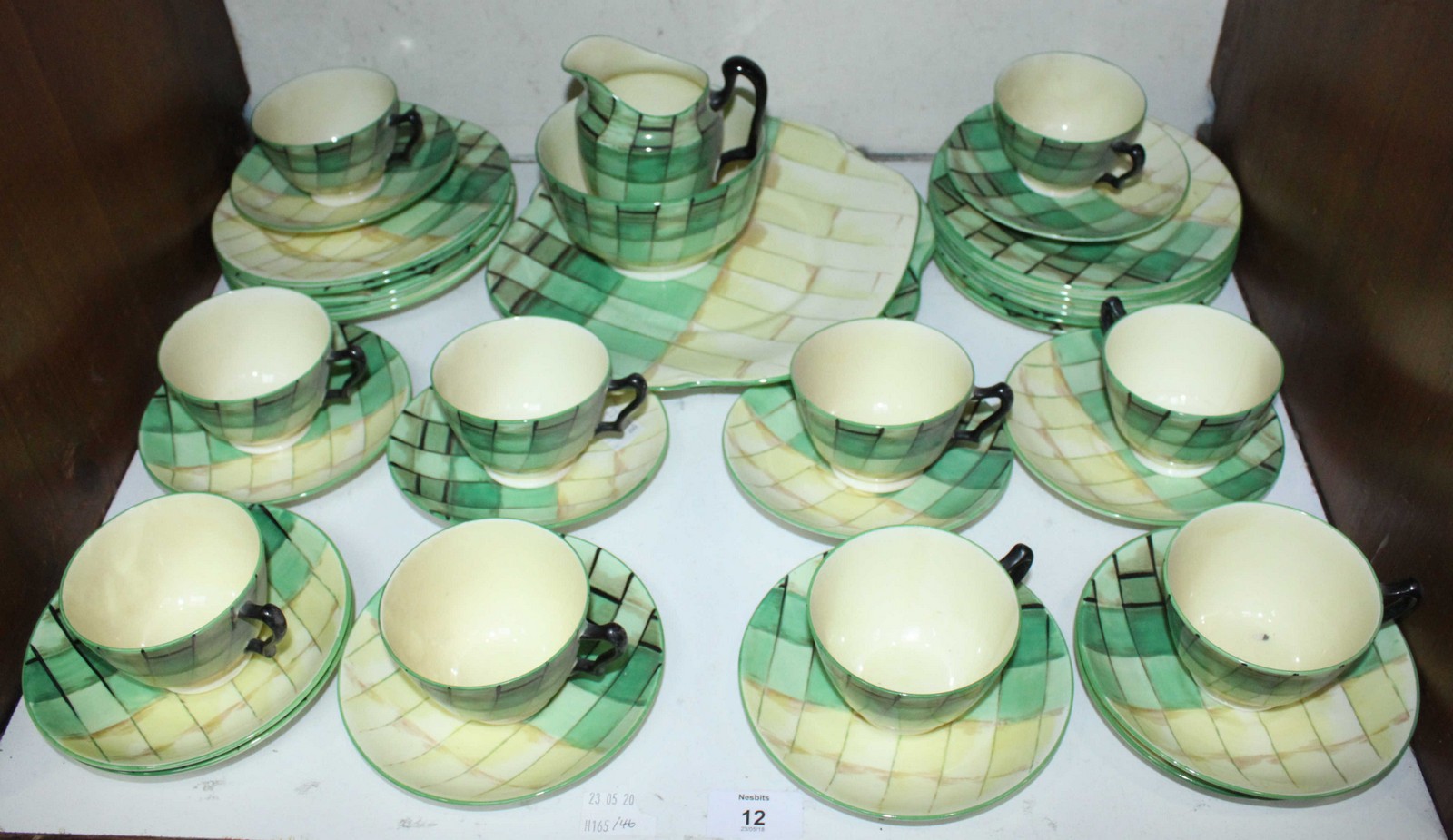 SECTION 12. A Crown Staffordshire tea set decorated with green and yellow patchwork pattern,