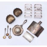 A collection of assorted silver items including a pair of toast racks by Marson & Jones, a snuff-box