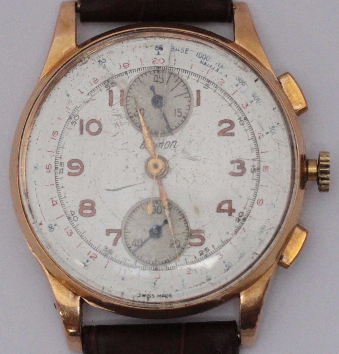 A 1950's gold Bremon chronograph wrist watch, the silvered dial with Arabic numerals denoting - Image 2 of 3