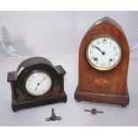 An oak and boxwood inlaid lancet clock, the white enamel dial with Arabic numerals denoting hours,