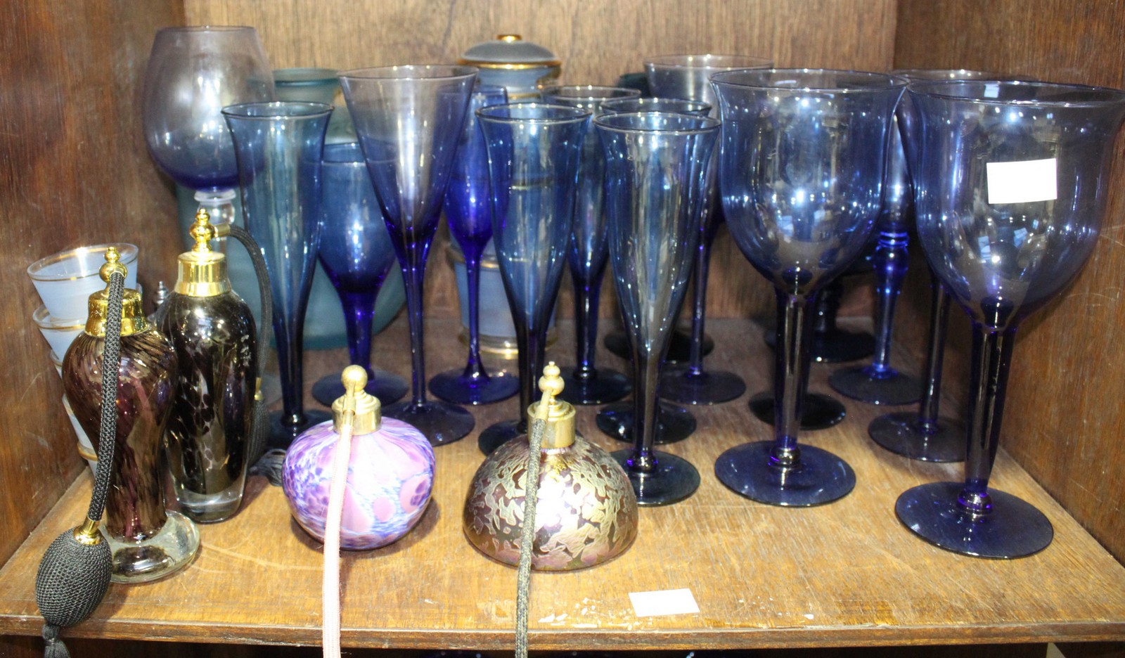 SECTIONS 41 & 42. Two shelves of blue glasswares including glasses, bowls, trinket dishes, perfume - Image 2 of 2
